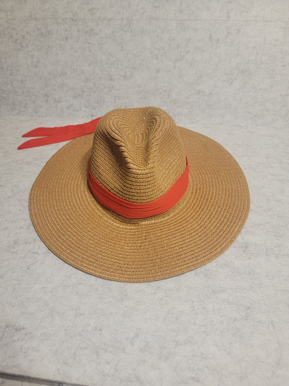 NWT Vince Camuto Wide Brim Straw Sun Hat Packable Coral Ribbon Bow - Picture 3 of 15